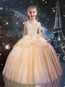 Fancy Floor Length Ball Gowns Sleeveless Peach Little Girl Pageant Dress Lace Up