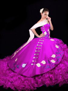 Fuchsia Lace Up 15th Birthday Dress Embroidery and Ruffles Sleeveless Brush Train