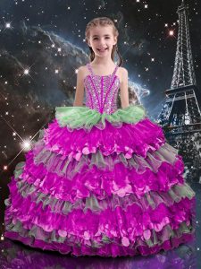 Glorious Multi-color Little Girls Pageant Dress Quinceanera and Wedding Party with Beading and Ruffled Layers Straps Sleeveless Lace Up