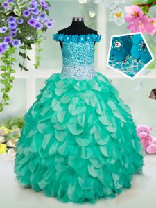 Off The Shoulder Sleeveless Lace Up Little Girl Pageant Dress Turquoise Organza