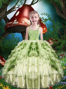 Yellow Green Organza Lace Up Straps Short Sleeves Floor Length Little Girl Pageant Dress Beading and Ruffles and Ruffled Layers