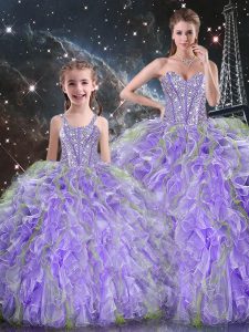 Beautiful Lavender Sleeveless Beading and Ruffles Floor Length 15th Birthday Dress