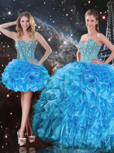 Organza Sweetheart Sleeveless Lace Up Beading and Ruffles 15th Birthday Dress in Baby Blue