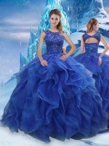 Blue Scoop Neckline Beading and Ruffles Quinceanera Gown Sleeveless Lace Up