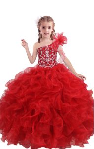 Red One Shoulder Lace Up Beading and Ruffles Kids Formal Wear Sleeveless