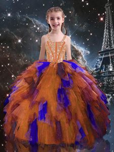 Floor Length Lace Up Little Girl Pageant Gowns Orange Red for Quinceanera and Wedding Party with Beading and Ruffles