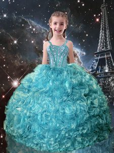 Teal Sleeveless Floor Length Beading and Ruffles Lace Up Pageant Gowns For Girls