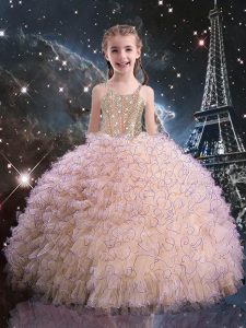 Pink Organza Lace Up Straps Sleeveless Floor Length Girls Pageant Dresses Beading and Ruffles