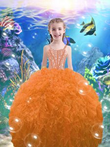 Sleeveless Organza Floor Length Lace Up Girls Pageant Dresses in Orange Red with Beading and Ruffles