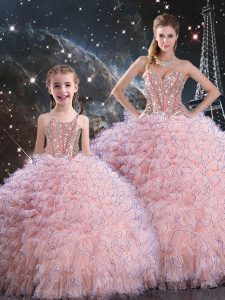 Baby Pink Ball Gowns Sweetheart Sleeveless Organza Floor Length Lace Up Beading and Ruffles Vestidos de Quinceanera