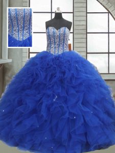 Exceptional Royal Blue Ball Gowns Sweetheart Sleeveless Organza Floor Length Lace Up Beading and Ruffles and Sequins Sweet 16 Dress