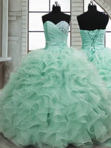 New Style Apple Green Organza Lace Up Sweet 16 Dress Sleeveless Floor Length Beading and Ruffles