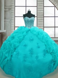 Ball Gowns Vestidos de Quinceanera Aqua Blue Sweetheart Organza Sleeveless Floor Length Lace Up