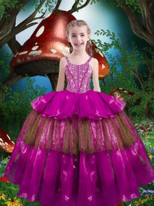 On Sale Beading and Ruffled Layers Child Pageant Dress Fuchsia Lace Up Sleeveless Floor Length