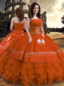 Modern Rust Red Zipper Quince Ball Gowns Embroidery and Ruffled Layers Sleeveless Floor Length