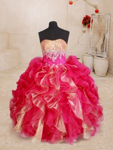 Best Red Ball Gowns Beading and Ruffles Kids Pageant Dress Lace Up Organza Sleeveless Floor Length