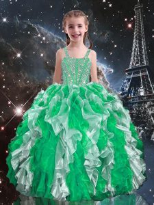 Organza Straps Sleeveless Lace Up Beading and Ruffles Pageant Gowns For Girls in Green