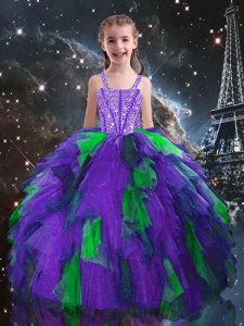 Elegant Eggplant Purple Sleeveless Floor Length Beading and Ruffles Lace Up Child Pageant Dress