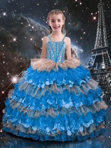 Sleeveless Organza Floor Length Lace Up Little Girl Pageant Dress in Baby Blue with Beading and Ruffled Layers