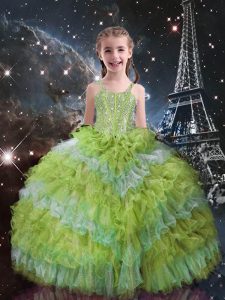 Yellow Green Straps Lace Up Beading and Ruffled Layers Little Girl Pageant Dress Sleeveless