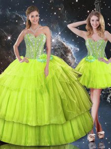 Nice Yellow Green Sweetheart Lace Up Ruffled Layers Quince Ball Gowns Sleeveless