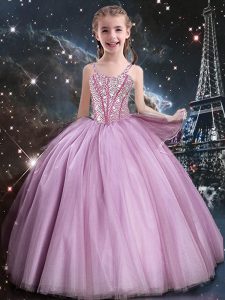 Hot Sale Straps Sleeveless Little Girls Pageant Dress Floor Length Beading Rose Pink Tulle