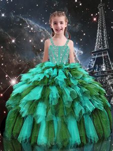 Sleeveless Lace Up Floor Length Beading and Ruffles Child Pageant Dress