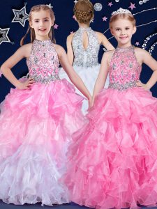 Top Selling Halter Top Sleeveless Floor Length Beading and Ruffles Zipper Little Girl Pageant Gowns with White and Pink And White