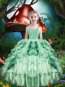 Fancy Apple Green Sleeveless Floor Length Beading and Ruffles and Ruffled Layers Lace Up Child Pageant Dress