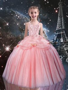 Most Popular Rose Pink Sleeveless Floor Length Beading Lace Up Little Girls Pageant Gowns