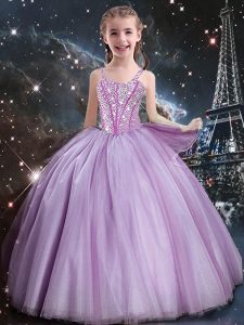 Hot Sale Lilac Tulle Lace Up Little Girl Pageant Dress Sleeveless Floor Length Beading