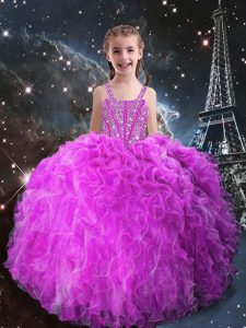 Fuchsia Sleeveless Beading and Ruffles Floor Length Little Girls Pageant Gowns