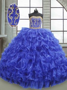 High Quality Organza Strapless Sleeveless Lace Up Beading and Appliques and Ruffles Ball Gown Prom Dress in Royal Blue