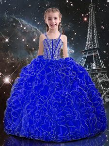 Perfect Royal Blue Organza Lace Up Kids Pageant Dress Sleeveless Floor Length Beading and Ruffles