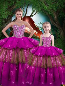 Modest Fuchsia Ball Gowns Organza Sweetheart Sleeveless Beading and Ruffled Layers Floor Length Lace Up Quinceanera Gowns