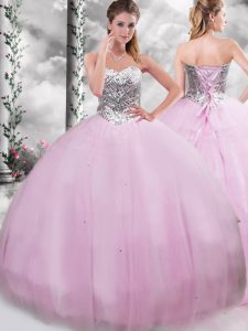 High End Lilac Sleeveless Tulle Brush Train Lace Up Quinceanera Dresses for Military Ball and Sweet 16 and Quinceanera