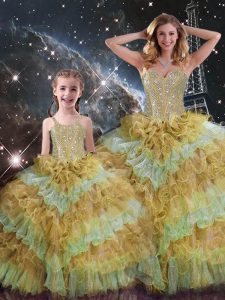 Multi-color Sweet 16 Dress Military Ball and Sweet 16 and Quinceanera with Beading and Ruffled Layers and Sequins Sweetheart Sleeveless Lace Up