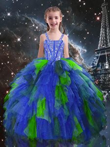 Cute Beading and Ruffles Little Girls Pageant Dress Blue Lace Up Sleeveless Floor Length