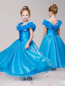 Blue Ball Gowns Tulle Off The Shoulder Cap Sleeves Appliques Ankle Length Zipper Kids Formal Wear