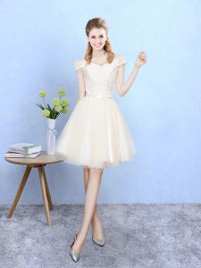 Champagne Lace Up Dama Dress Lace Cap Sleeves Knee Length