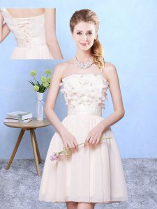 Knee Length Champagne Vestidos de Damas Strapless Sleeveless Lace Up