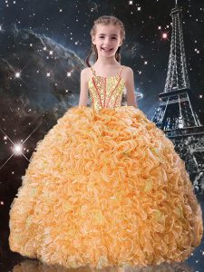 Floor Length Lace Up Little Girls Pageant Dress Gold for Quinceanera and Wedding Party with Beading and Ruffles