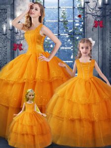 Top Selling Organza Straps Sleeveless Lace Up Ruffled Layers Quinceanera Gowns in Orange