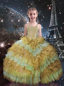 Beading and Ruffled Layers Kids Pageant Dress Champagne Lace Up Sleeveless Floor Length