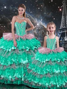 Sleeveless Organza Floor Length Lace Up Sweet 16 Dress in Multi-color with Beading and Ruffles