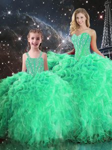 Green Organza Lace Up Sweet 16 Quinceanera Dress Sleeveless Floor Length Beading and Ruffles