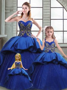 Flirting Blue Lace Up 15 Quinceanera Dress Beading and Appliques and Embroidery Sleeveless Court Train