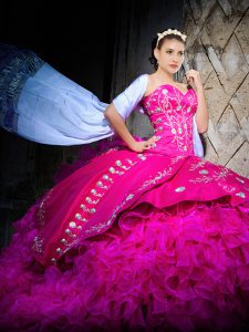 Noble Fuchsia Ball Gowns Embroidery and Ruffles Quinceanera Dress Lace Up Organza Sleeveless