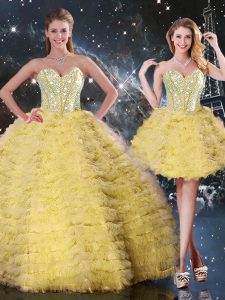 Yellow Ball Gowns Sweetheart Sleeveless Organza Floor Length Lace Up Beading and Ruffled Layers Quince Ball Gowns