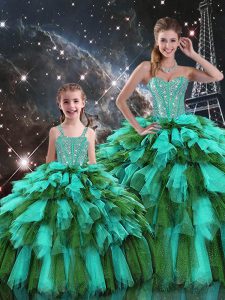 Floor Length Lace Up 15th Birthday Dress Multi-color for Military Ball and Sweet 16 and Quinceanera with Beading and Ruffles and Ruffled Layers